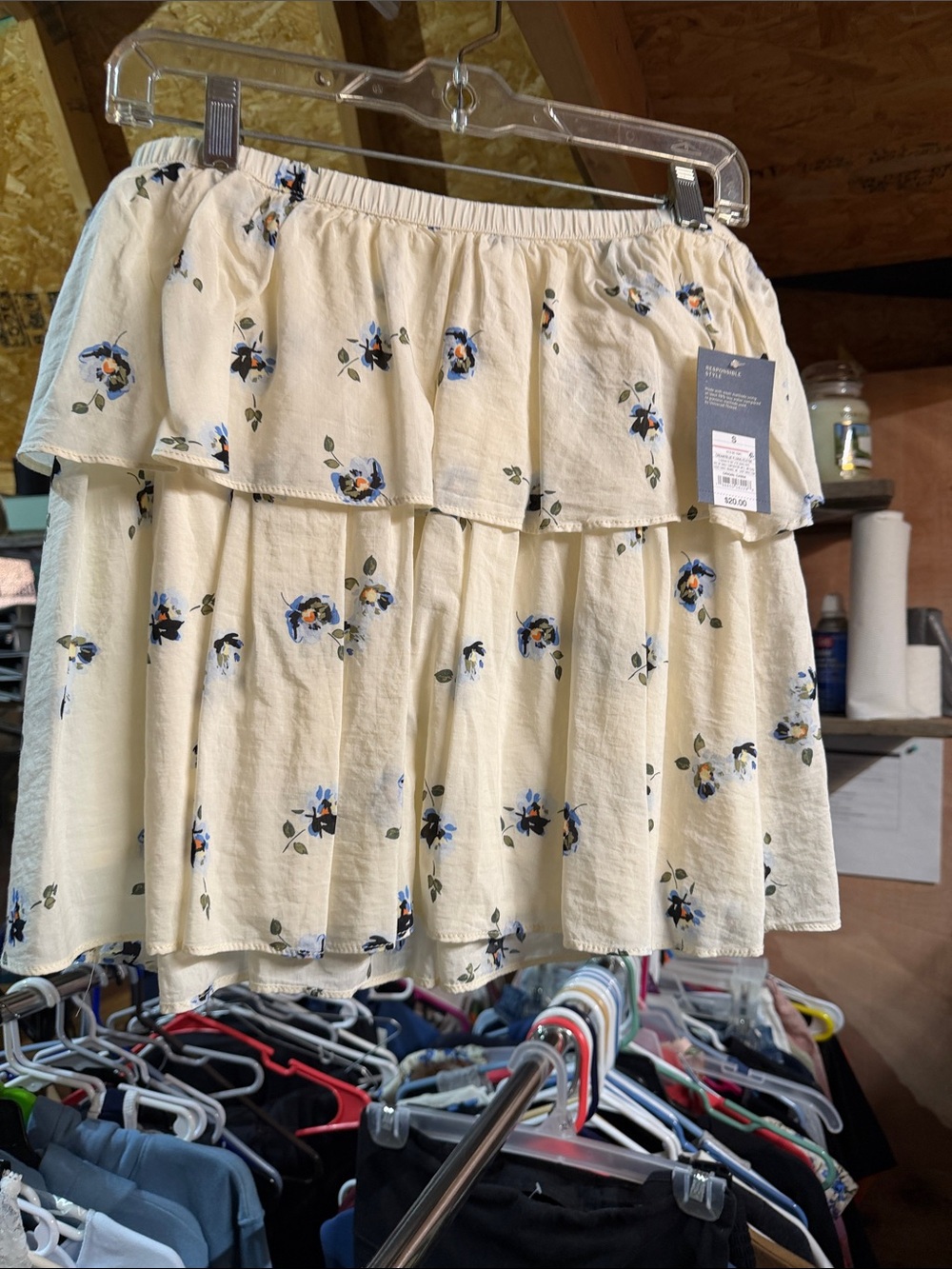 Universal Thread Cream Tiered Skater Skirt with Blue Floral Print